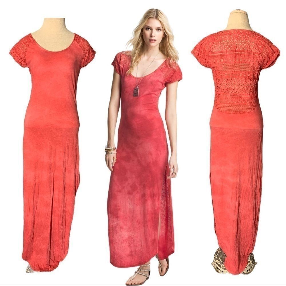 Red Maxi Dress Free People Bleach Dye Crocheted Lace Back Cotton Size Small
